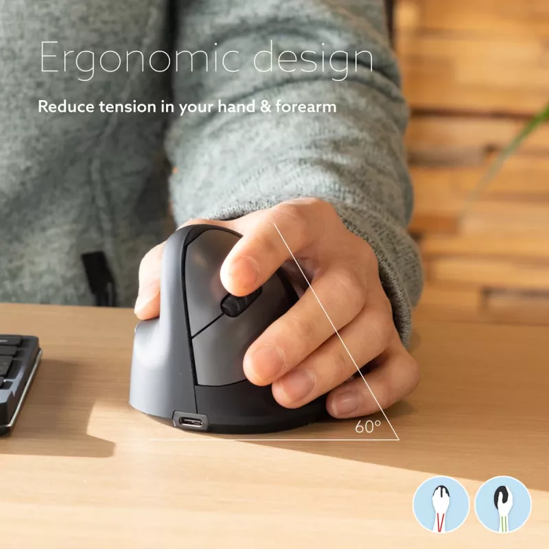 R-Go Tools Ergonomic pele R-Go HE Break ar pārtraukumu programmatūru, vidēja (rokas izmērs 165-185 mm), kreisās rokas, Bluetooth, melna