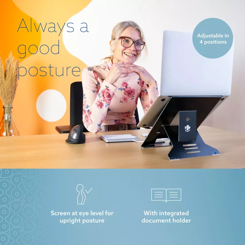 R-Go Tools klēpjdatora statīvs R-Go Riser Document, ergonomisks, salokāms un regulējams statīvs ar dokumentu turētāju, melns