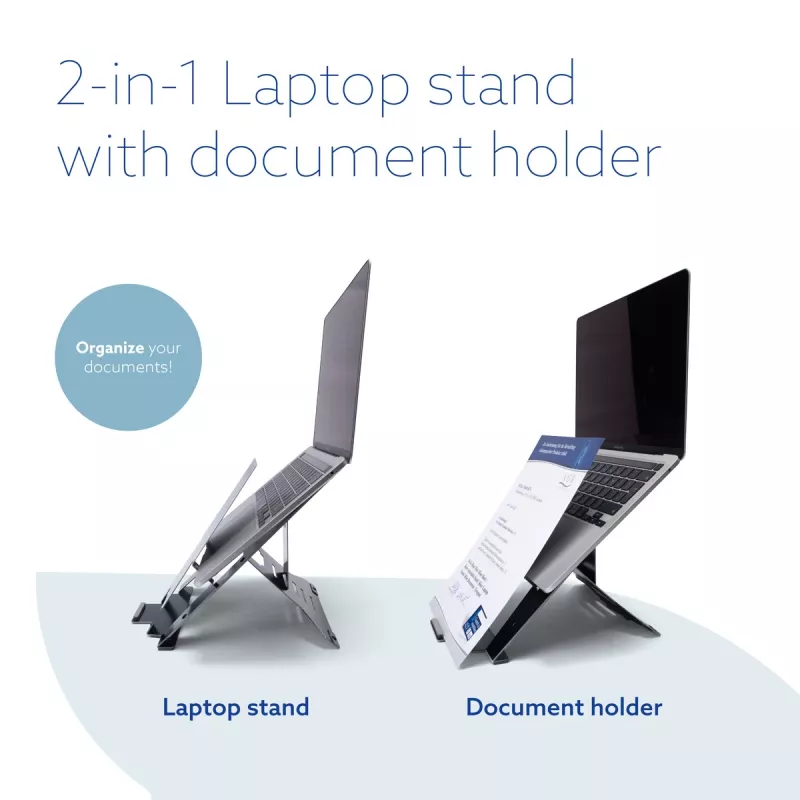R-Go Tools klēpjdatora statīvs R-Go Riser Document, ergonomisks, salokāms un regulējams statīvs ar dokumentu turētāju, melns