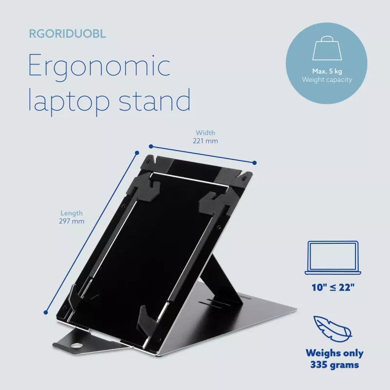 R-Go Tools planšetdatora un klēpjdatora statīvs R-Go Riser Duo, piemērots 10–22 collu ekrānam, melns