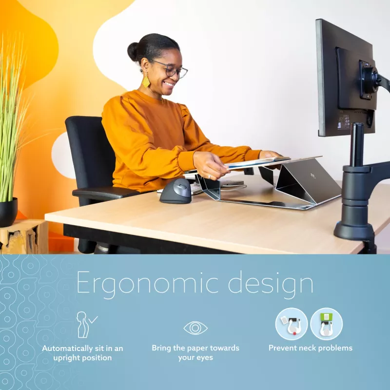 R-Go Tools dokumentu turētājs R-Go Read2Write, piemērots lasīšanai un rakstīšanai, ergonomisks, ar mīkstu putu plaukstas balstu, matēts akrils