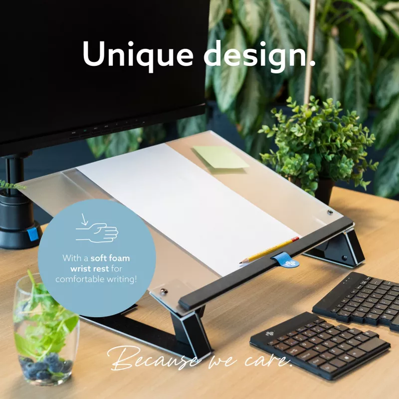 R-Go Tools dokumentu turētājs R-Go Read2Write, piemērots lasīšanai un rakstīšanai, ergonomisks, ar mīkstu putu plaukstas balstu, matēts akrils