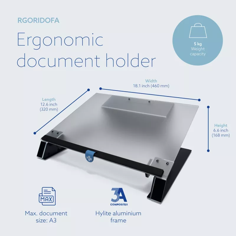 R-Go Tools dokumentu turētājs R-Go Read2Write, piemērots lasīšanai un rakstīšanai, ergonomisks, ar mīkstu putu plaukstas balstu, matēts akrils