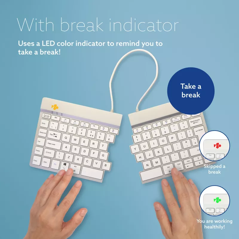 R-Go Tools ergonomiskā tastatūra R-Go Split Break ar paužu programmatūru, ergonomiska dalītā tastatūra, QWERTY (UK), Bluetooth, balta