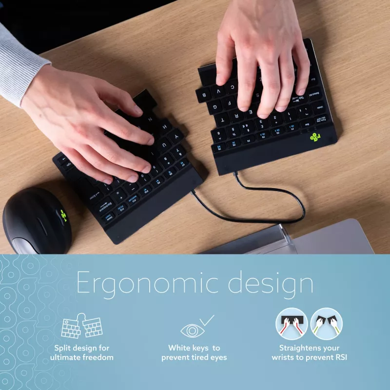 R-Go Tools ergonomiskā tastatūra R-Go Split Break ar pārtraukumu programmatūru, ergonomiska sadalīta tastatūra, QWERTY (UK), Bluetooth, melna