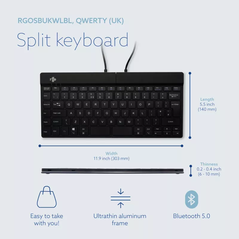 R-Go Tools ergonomiskā tastatūra R-Go Split Break ar pārtraukumu programmatūru, ergonomiska sadalīta tastatūra, QWERTY (UK), Bluetooth, melna