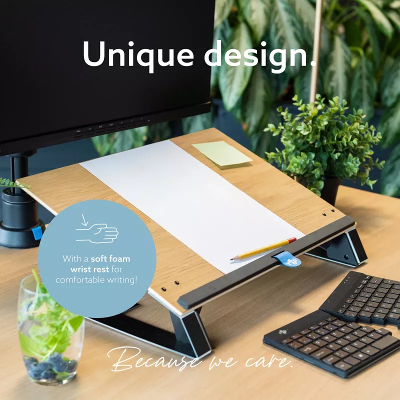 R-Go Tools dokumentu turētājs R-Go Read2Write, piemērots lasīšanai un rakstīšanai, ergonomisks, ar mīkstu putu plaukstas balstu, ozolkoks