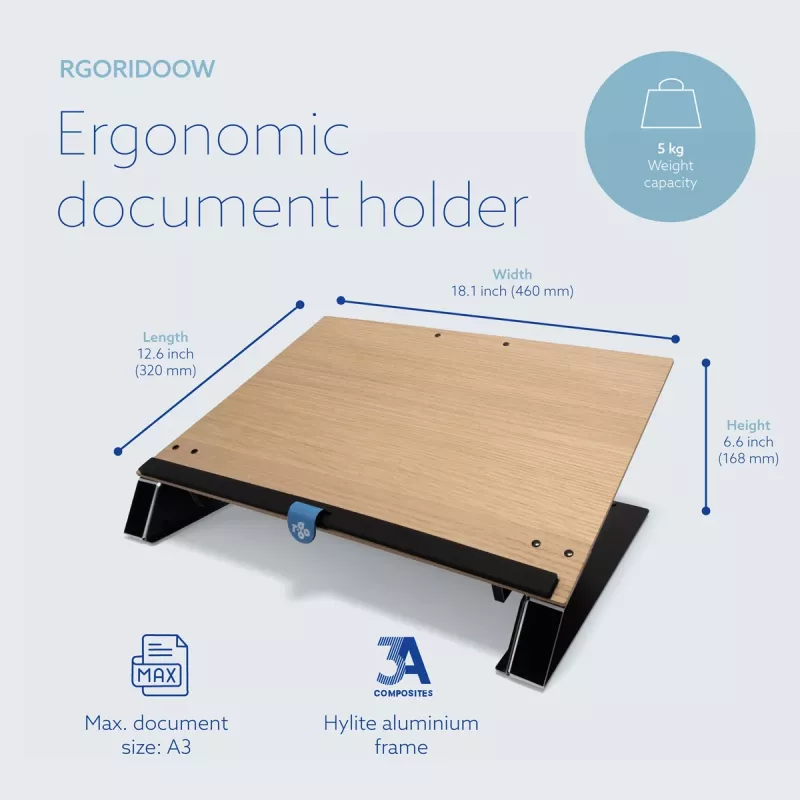 R-Go Tools dokumentu turētājs R-Go Read2Write, piemērots lasīšanai un rakstīšanai, ergonomisks, ar mīkstu putu plaukstas balstu, ozolkoks