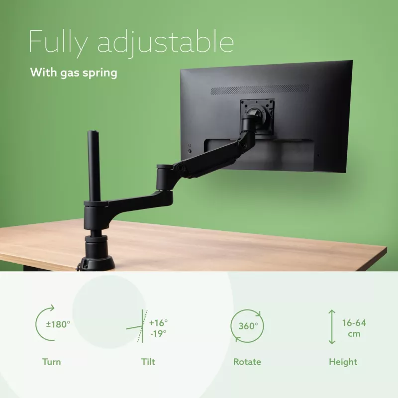 R-Go Tools Monitora statīvs R-Go Caparo Single, pilnībā regulējams ar gāzes atsperi, 3-9 kg kravnesība, 100% cirkulārs, melns