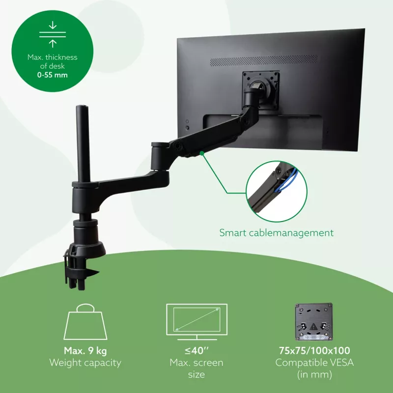 R-Go Tools Monitora statīvs R-Go Caparo Single, pilnībā regulējams ar gāzes atsperi, 3-9 kg kravnesība, 100% cirkulārs, melns