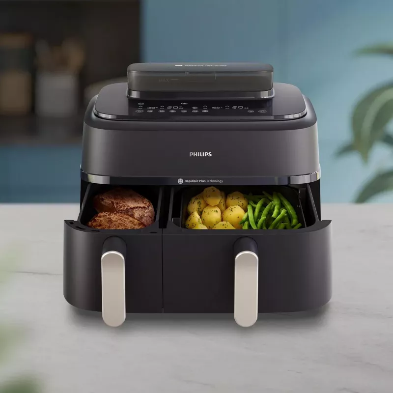 Karstā gaisa fritieris Philips 5000 sērija NA551/00 — 9 L ietilpība, 2300 W, skārienvadība, LED displejs, melns/sudrabains