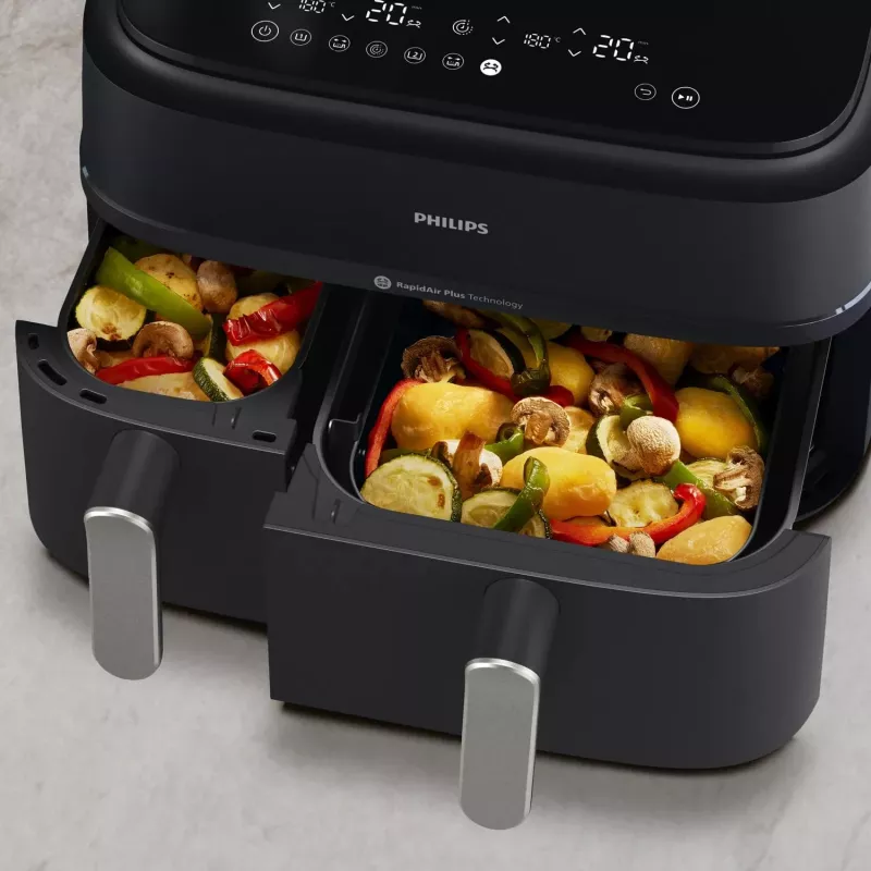 Karstā gaisa fritieris Philips 5000 sērija NA551/00 — 9 L ietilpība, 2300 W, skārienvadība, LED displejs, melns/sudrabains