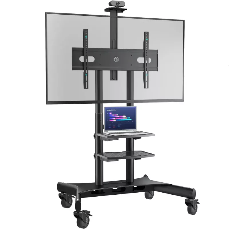 ONKRON TS1881-B mobilais televizora statīvs ar riteņiem un plauktiem 50–86" televizoriem, līdz 90 kg, VESA 200×200–800×500, regulējams augstums, melns