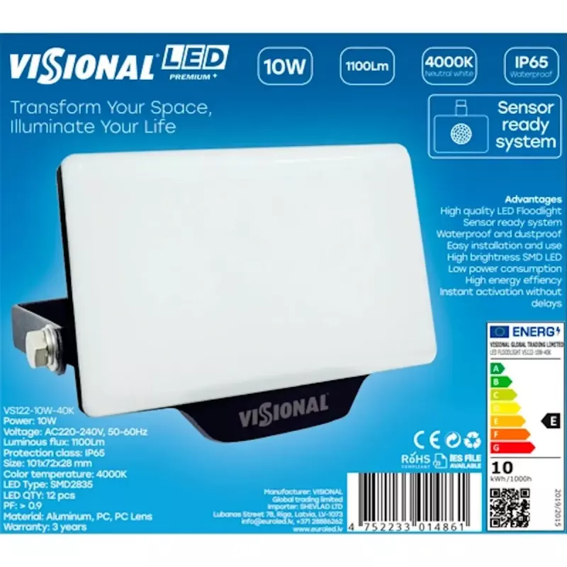 LED sienas gaismeklis VISIONAL VS122-10W-40K — 10 W, 1100 lm, 4000 K āra/fasādes apgaismojumam