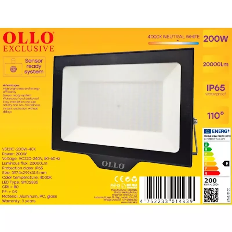 Āra LED prožektors OLLO VS121C-200W-40K — 200 W, 20 000 lm, 4000 K