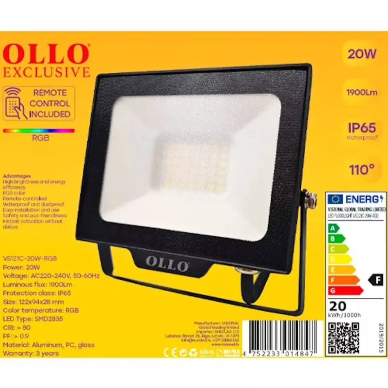 Āra LED prožektors OLLO VS121C-20W-RGB 20W 1900 lm RGB