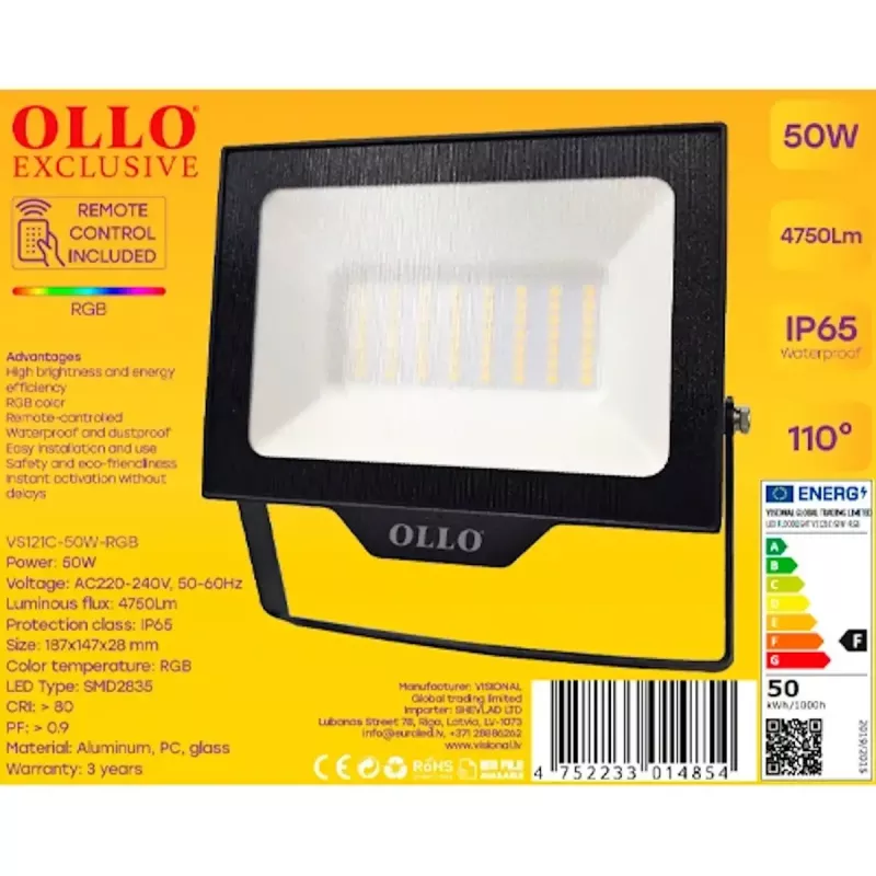 Āra LED prožektors OLLO VS121C-50W-RGB — 50 W, 4750 lm, RGB