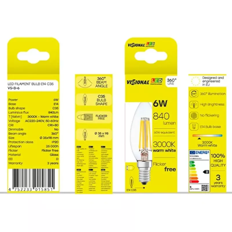 LED spuldze VISIONAL VS-B-6, 6 W jaudas patēriņš, 840 lm gaismas plūsma