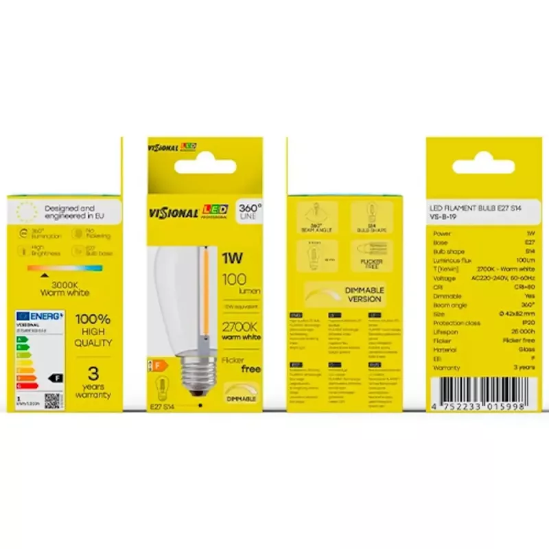 LED spuldze VISIONAL VS-B-19 1W 100 lm 2700K, energoefektivitātes klase F