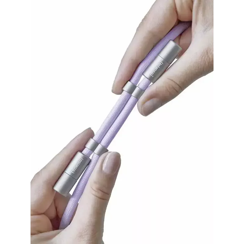 Intenso USB-C uzlādes štrope telefona kaklarotas kabelis 60 W ātrā uzlāde regulējams garums 1,65 m neilons violeta