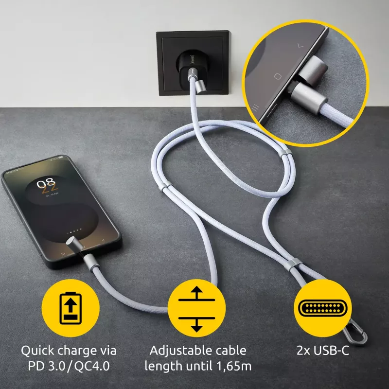 Intenso USB-C uzlādes štrope telefona kaklarotas kabelis 60 W ātrā uzlāde regulējams garums 1,65 m neilons violeta