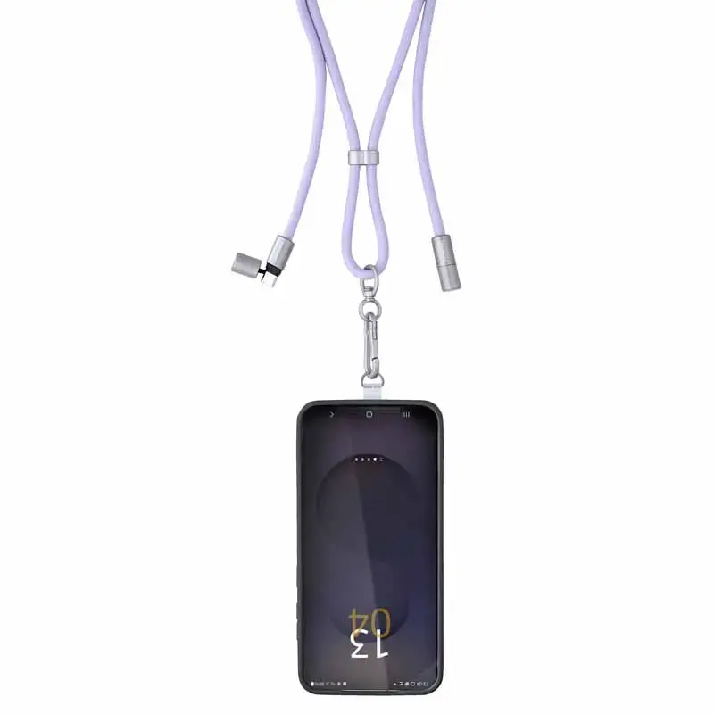 Intenso USB-C uzlādes štrope telefona kaklarotas kabelis 60 W ātrā uzlāde regulējams garums 1,65 m neilons violeta