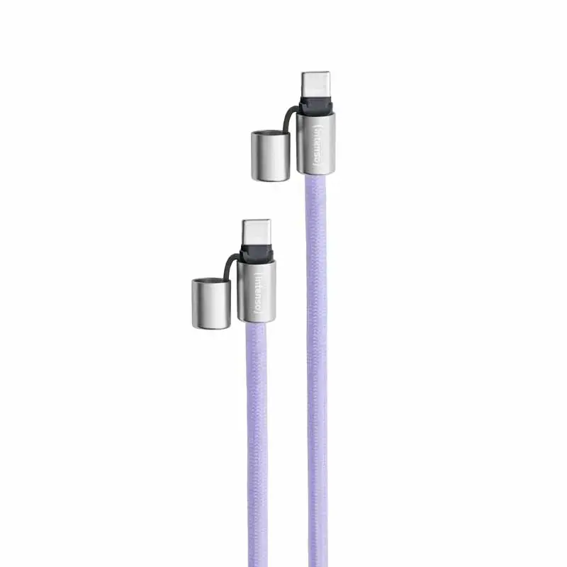 Intenso USB-C uzlādes štrope telefona kaklarotas kabelis 60 W ātrā uzlāde regulējams garums 1,65 m neilons violeta