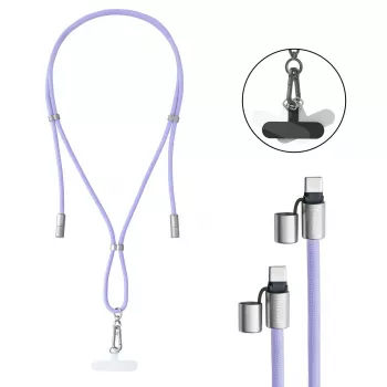 Intenso USB-C uzlādes štrope telefona kaklarotas kabelis 60 W ātrā uzlāde regulējams garums 1,65 m neilons violeta