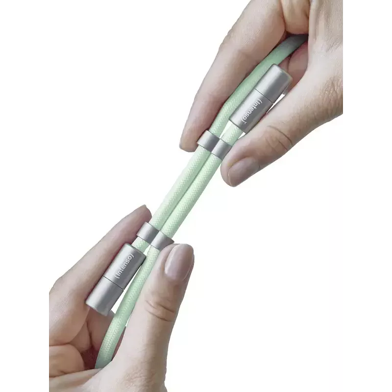 Intenso USB-C uzlādes štrope tālruņa kakla siksnas kabelis 60 W ātrā uzlāde regulējams garums 1,65 m neilons zaļš