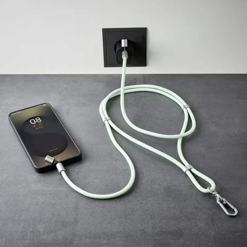 Intenso USB-C uzlādes štrope tālruņa kakla siksnas kabelis 60 W ātrā uzlāde regulējams garums 1,65 m neilons zaļš