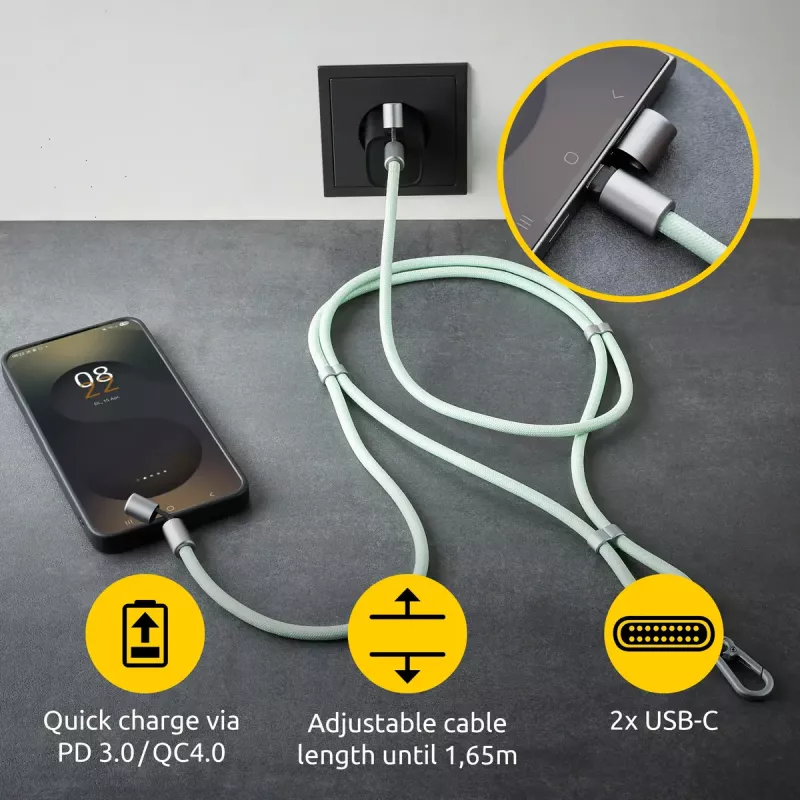 Intenso USB-C uzlādes štrope tālruņa kakla siksnas kabelis 60 W ātrā uzlāde regulējams garums 1,65 m neilons zaļš