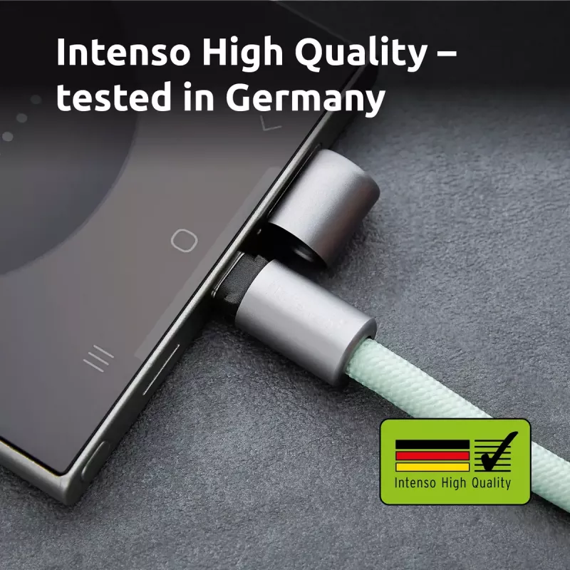 Intenso USB-C uzlādes štrope tālruņa kakla siksnas kabelis 60 W ātrā uzlāde regulējams garums 1,65 m neilons zaļš