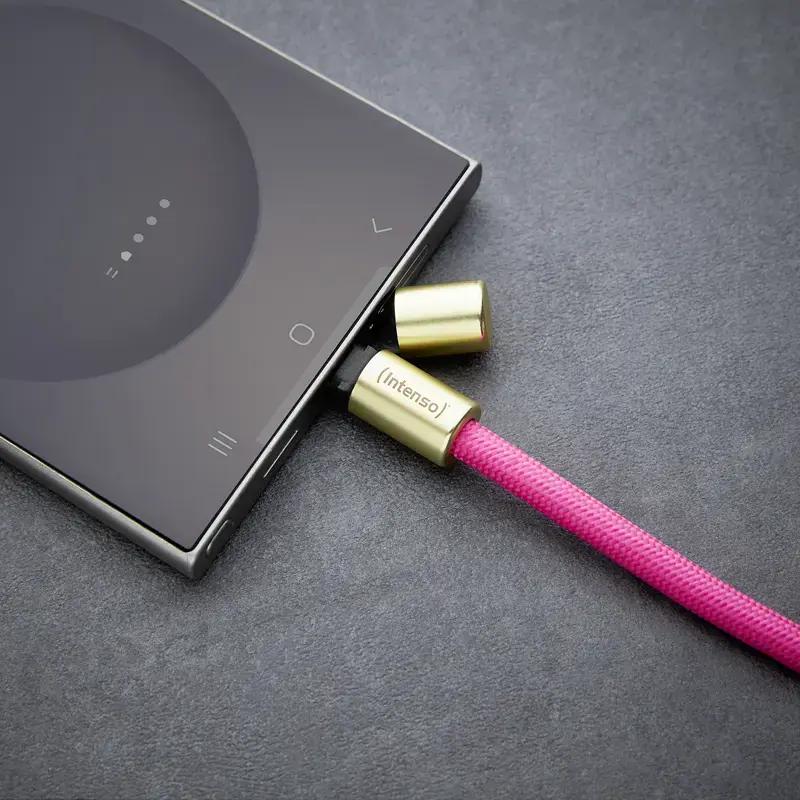 Intenso USB-C uzlādes štrope tālruņa kakla siksna kabelis 60W ātra uzlāde regulējams garums 1.65m neilons neona rozā