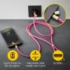 Intenso USB-C uzlādes štrope tālruņa kakla siksna kabelis 60W ātra uzlāde regulējams garums 1.65m neilons neona rozā