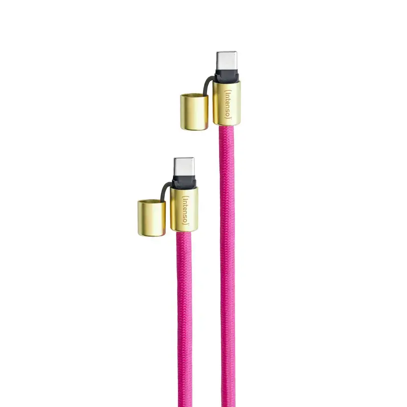 Intenso USB-C uzlādes štrope tālruņa kakla siksna kabelis 60W ātra uzlāde regulējams garums 1.65m neilons neona rozā