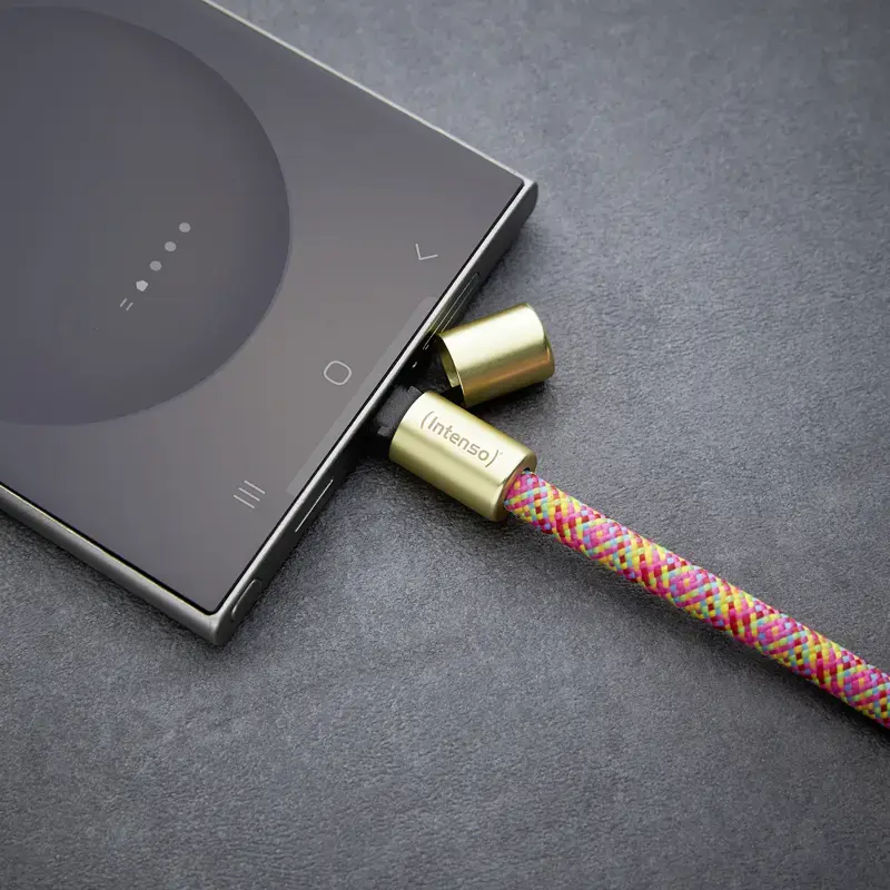 Intenso USB-C uzlādes auklas telefona kaklarotas kabelis 60W ātrā uzlāde regulējams garums 1,65m neilons daudzkrāsains