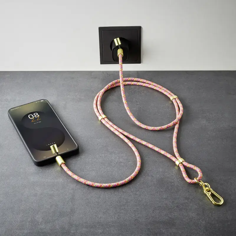 Intenso USB-C uzlādes auklas telefona kaklarotas kabelis 60W ātrā uzlāde regulējams garums 1,65m neilons daudzkrāsains