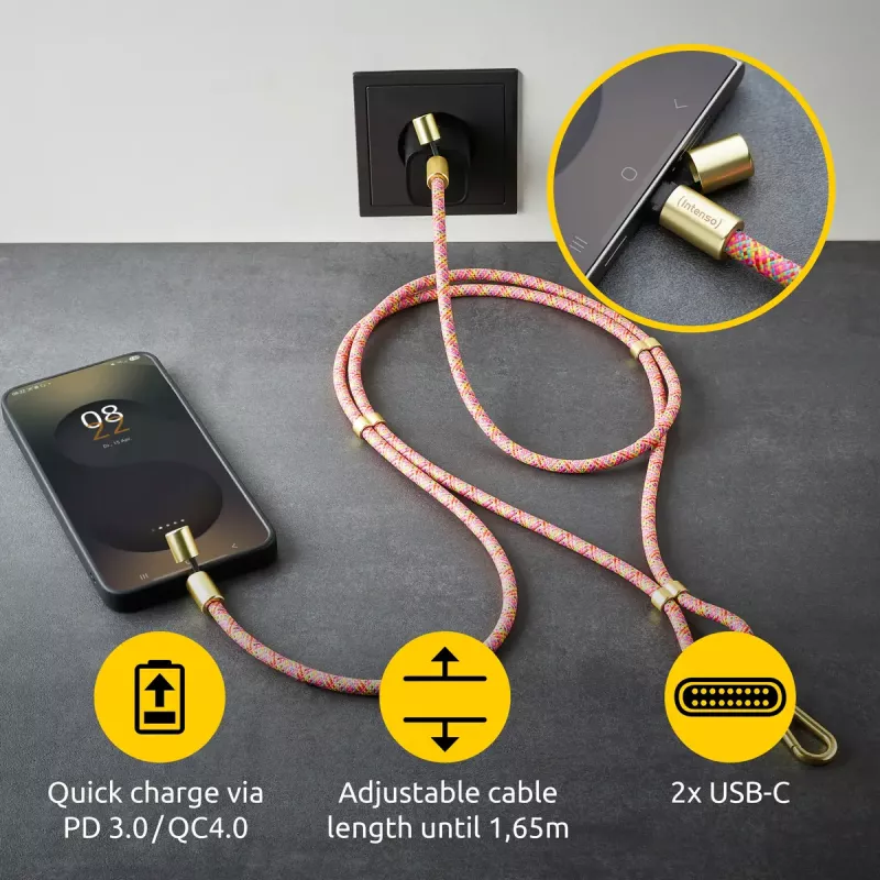 Intenso USB-C uzlādes auklas telefona kaklarotas kabelis 60W ātrā uzlāde regulējams garums 1,65m neilons daudzkrāsains
