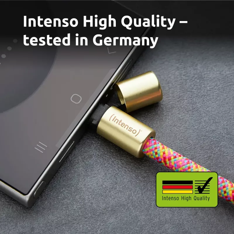 Intenso USB-C uzlādes auklas telefona kaklarotas kabelis 60W ātrā uzlāde regulējams garums 1,65m neilons daudzkrāsains