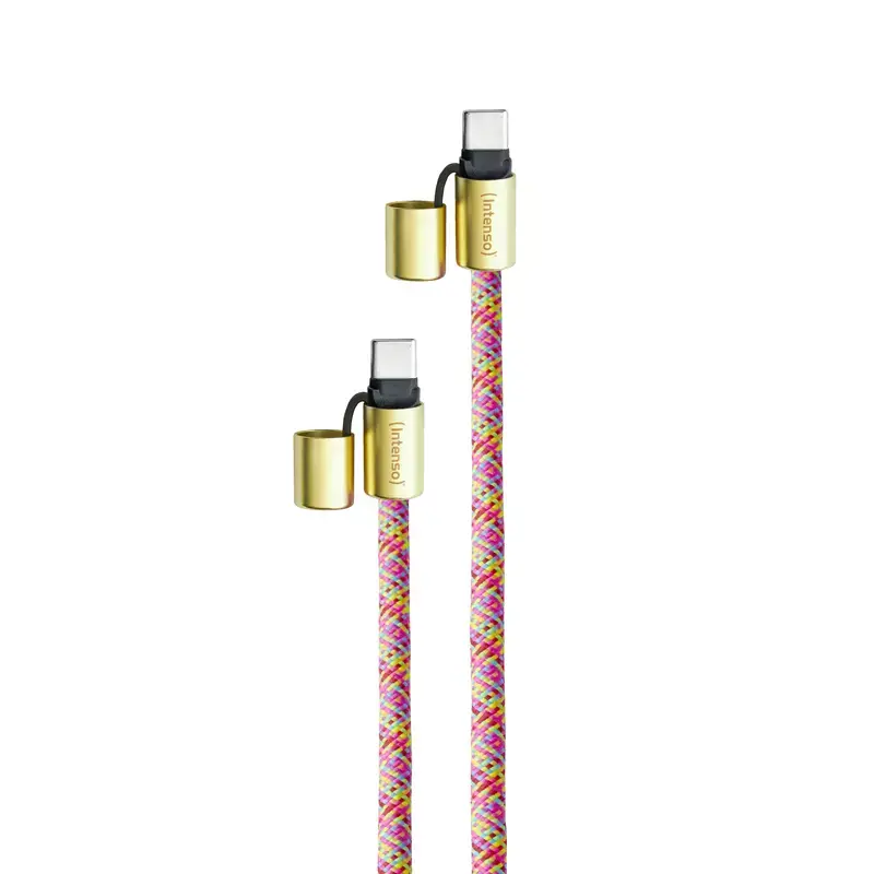 Intenso USB-C uzlādes auklas telefona kaklarotas kabelis 60W ātrā uzlāde regulējams garums 1,65m neilons daudzkrāsains