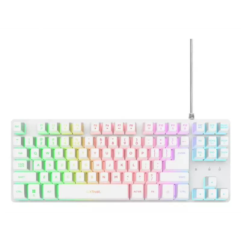 Mehāniska spēļu tastatūra bez ciparu daļas TRUST GXT 833W Thado TKL — USB, QWERTY US, RGB, balta, 87 taustiņi