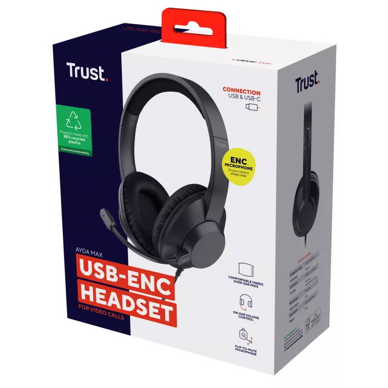 Trust Ayda Max austiņas ar vadu, galvas lente, zvani/mūzika, USB Type-C / USB Type-A, melns