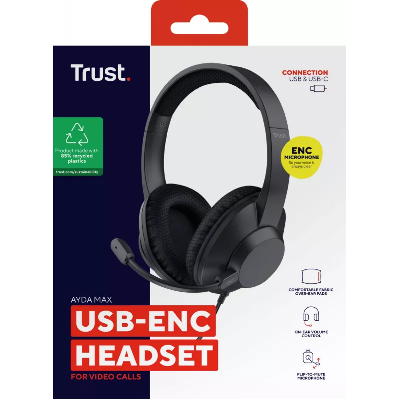 Trust Ayda Max austiņas ar vadu, galvas lente, zvani/mūzika, USB Type-C / USB Type-A, melns