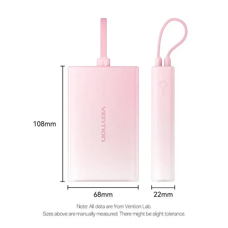 Power Bank Vention 10000mAh (USB-C, Lightning, USB-A) 22.5W LED displejs Rozā