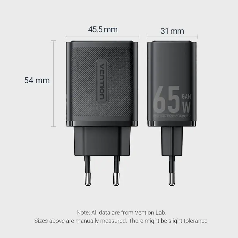 Vention FERW0-EU 65W iekštelpu maiņstrāvas ātrais lādētājs portatīvajam datoram, viedtālrunim, planšetdatoram, viedpulkstenim, austiņām, 2× USB-C, balts