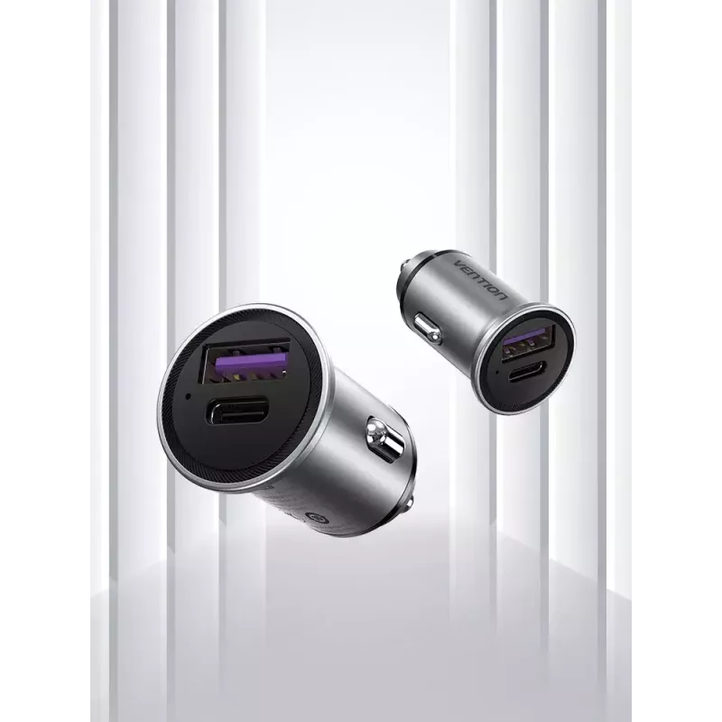 Auto lādētājs Vention divu pieslēgvietu USB A+C(18/20) pelēks mini stila alumīnija sakausējuma veids