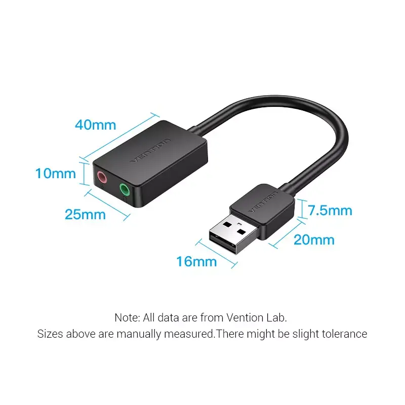 Vention 2 portu USB ārējā skaņas karte 0,15 m, melna, 2.1 kanāli, 16 biti