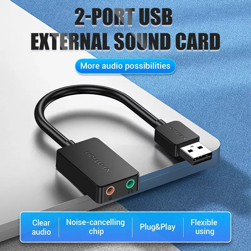 Vention 2 portu USB ārējā skaņas karte 0,15 m, melna, 2.1 kanāli, 16 biti