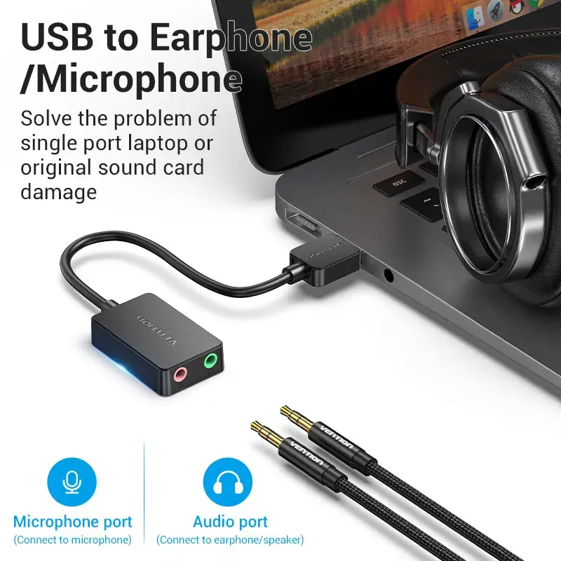 Vention 2 portu USB ārējā skaņas karte 0,15 m, melna, 2.1 kanāli, 16 biti