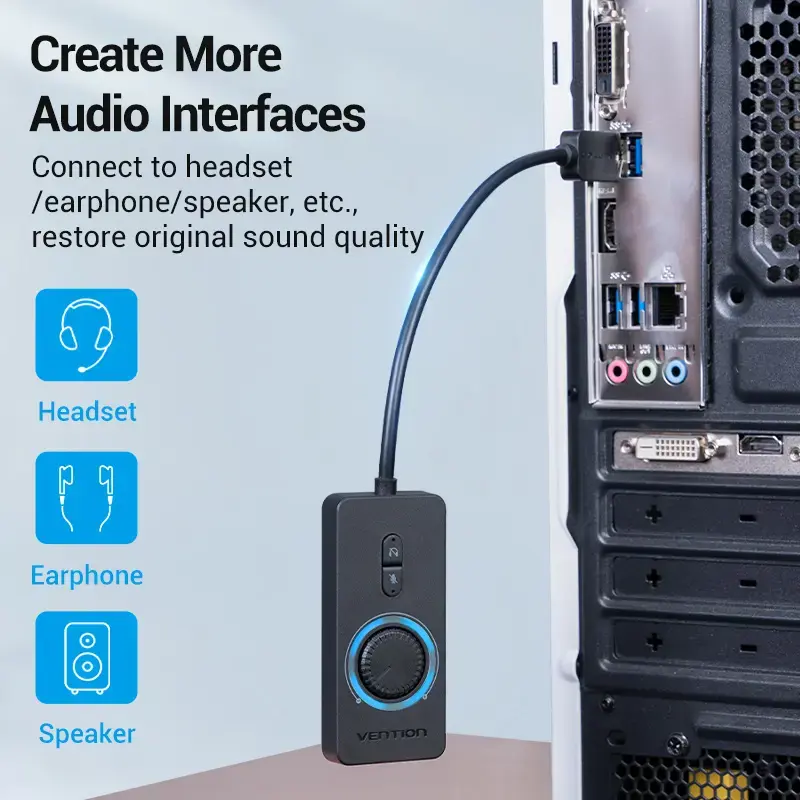 Vention USB 2.0 ārējais stereo skaņas adapteris ar skaļuma regulēšanu 0,15 m melns ABS